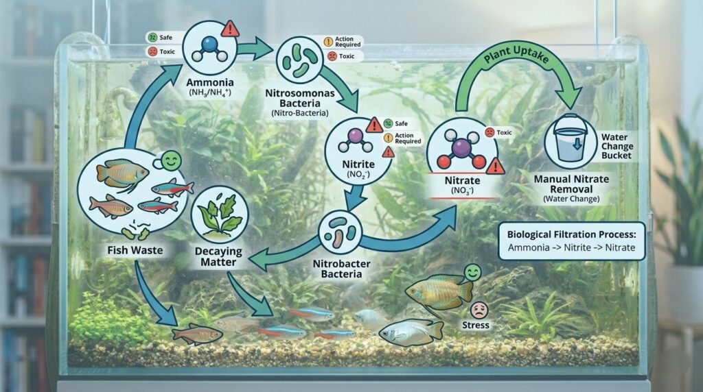 aquarium nitrogen cycle showing ammonia nitrite and nitrate conversion process