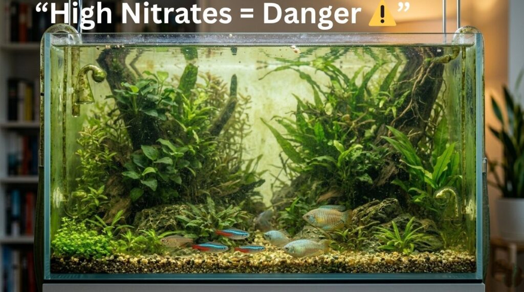 fish tank with high nitrate levels showing algae growth and stressed fish