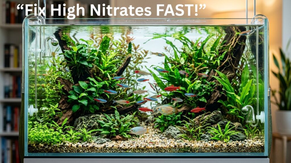 How to lower nitrates in a fish tank with clean water, healthy fish, and live plants