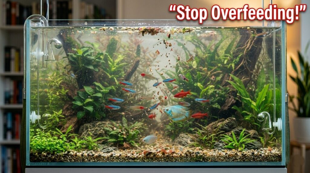 excess fish food in aquarium causing high nitrate levels and water pollution
