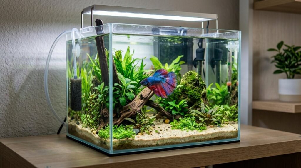 Betta fish tank setup with filter heater and plants for beginners