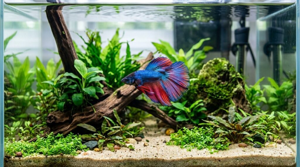Betta fish swimming in a clean planted aquarium setup for beginners