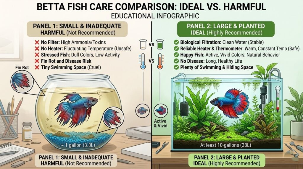 Betta fish in small bowl vs proper aquarium comparison