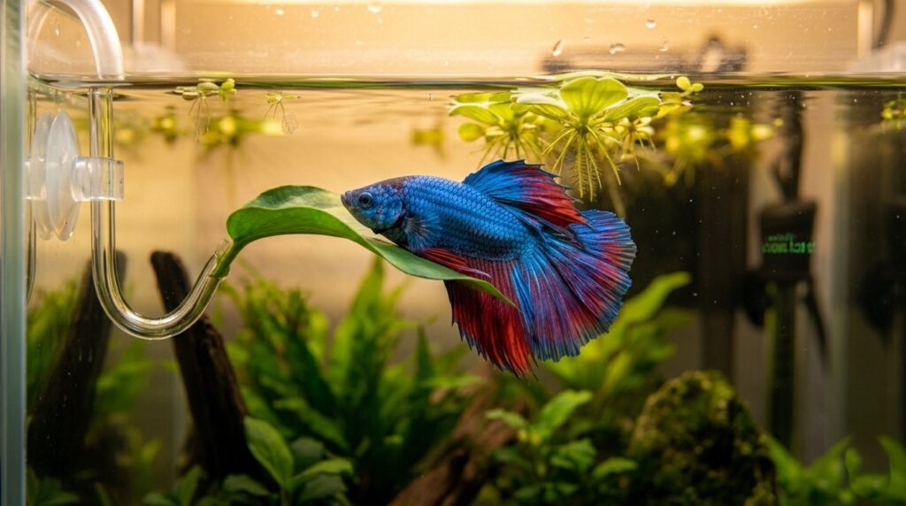 Betta fish resting on leaf hammock near surface