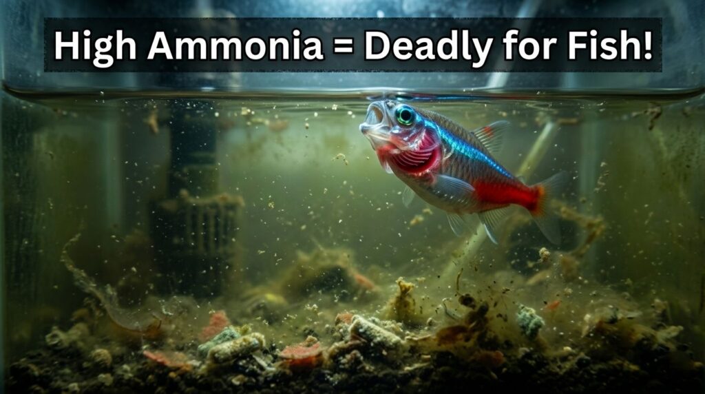 fish gasping at surface due to high ammonia level in dirty aquarium water