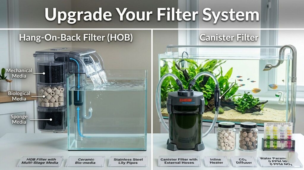 hang on back and canister filter improving aquarium water quality and reducing ammonia